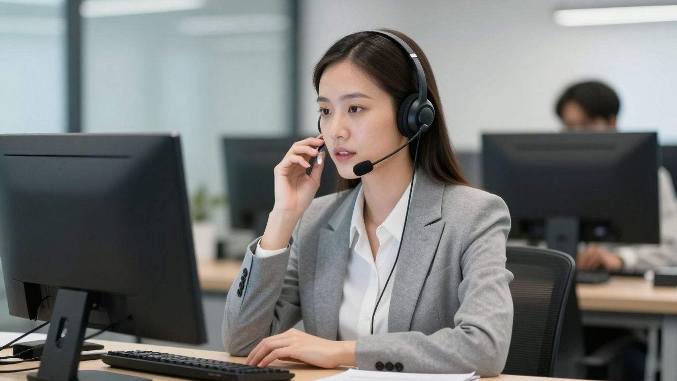Businesswoman using a headset for after-hours calls.