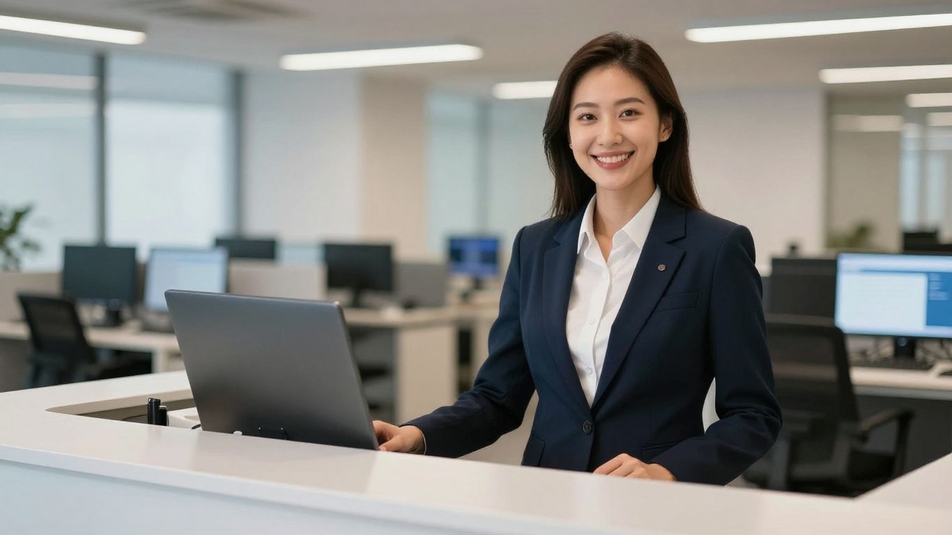 Professional receptionist assisting a customer with a smile.
