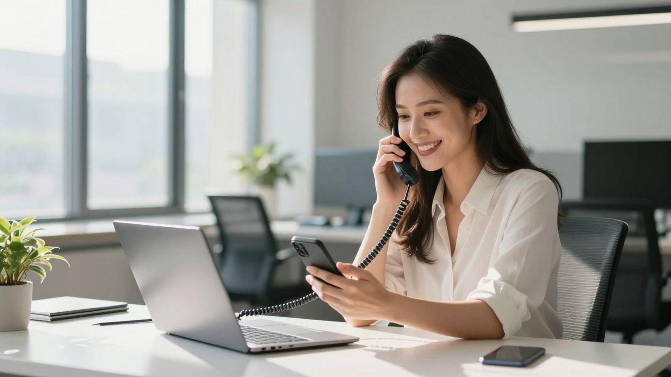 Professional woman answering a phone in an office.