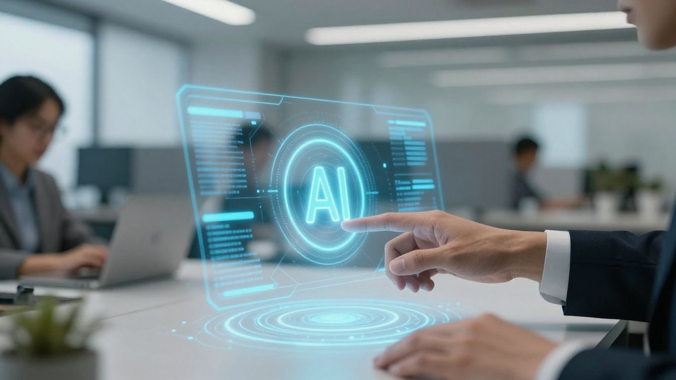 AI receptionist interface in a modern office.