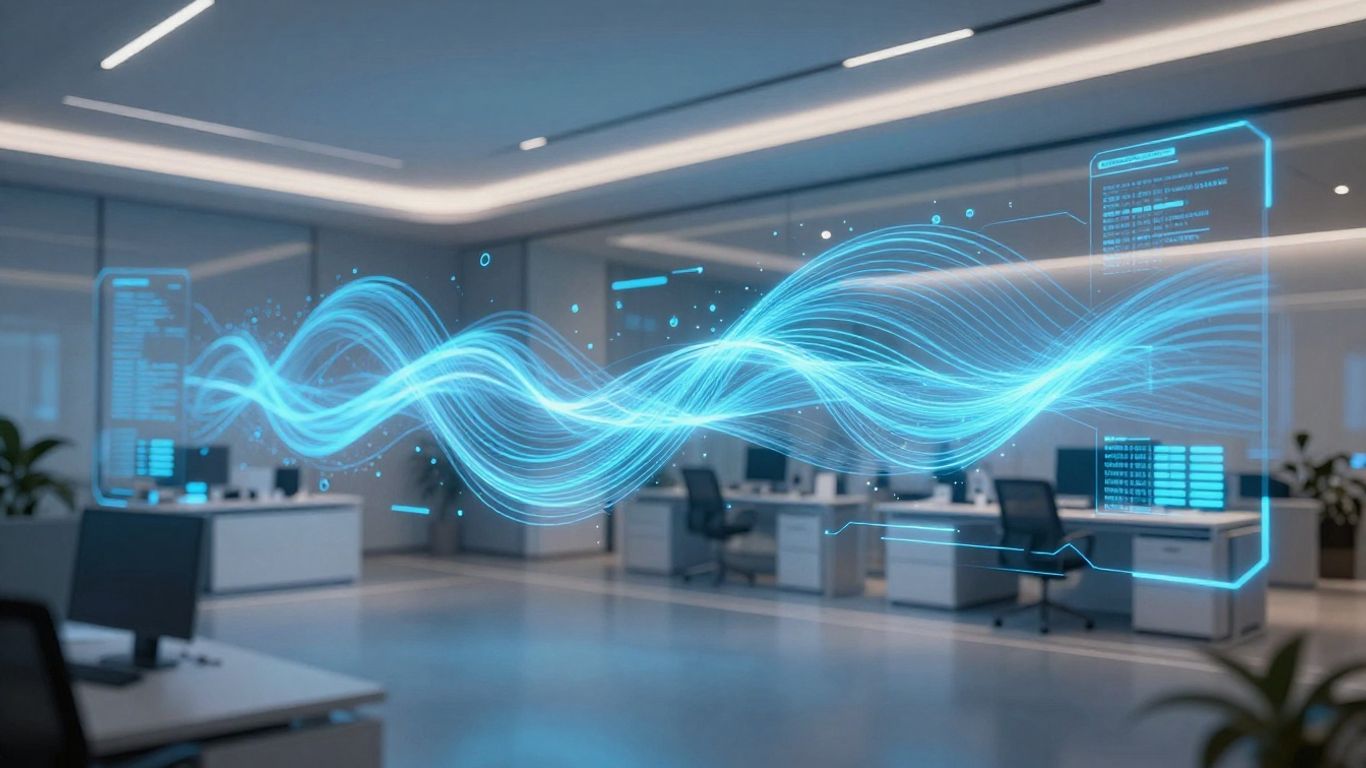 Air AI holographic interface in a modern office.