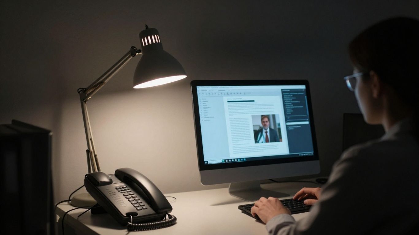 Nighttime office with a phone and computer for after-hours calls.