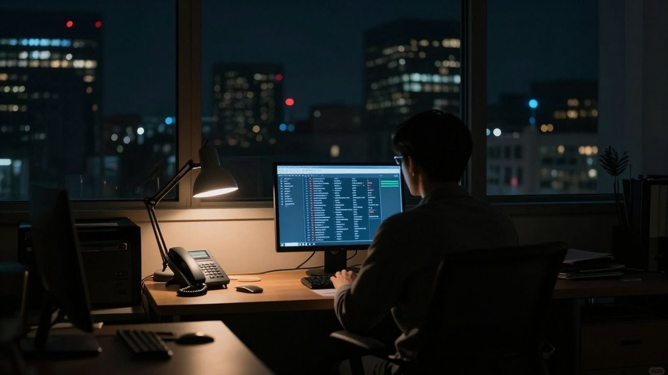 Office phone and computer screen at night.