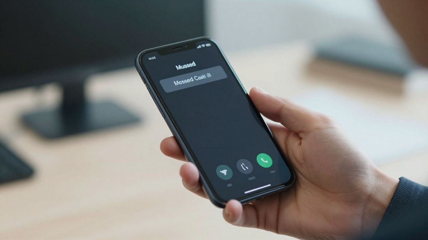 Hand holding phone with missed call notification.