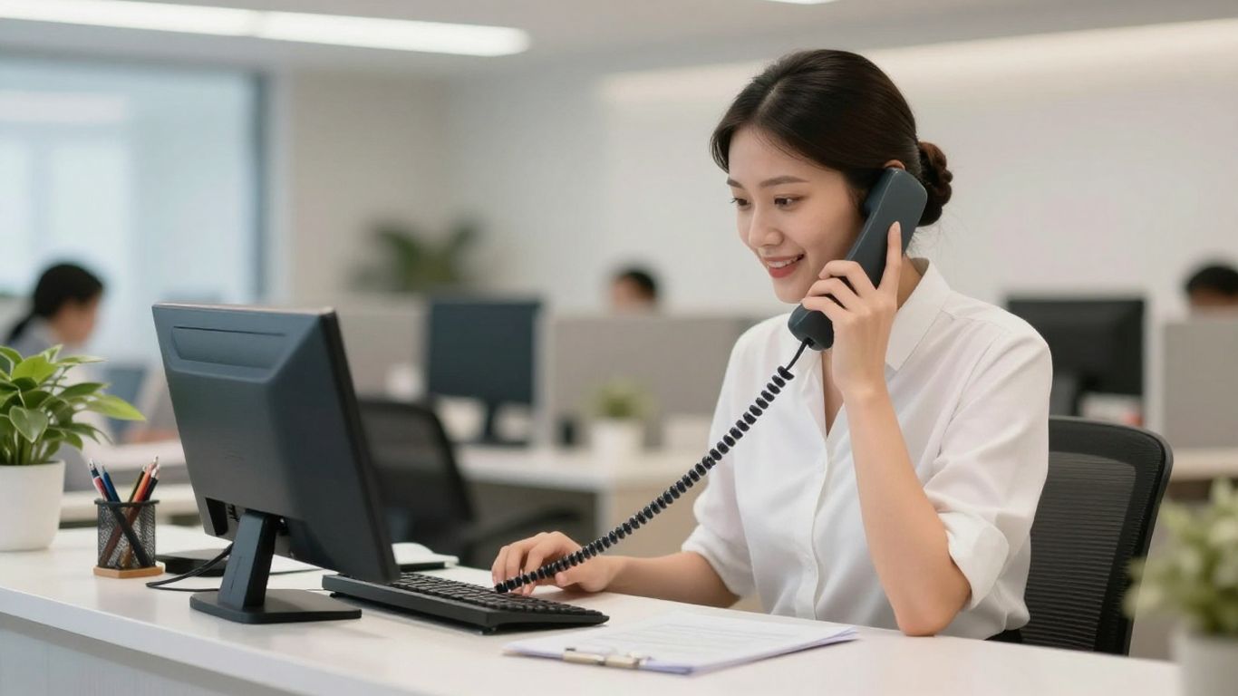 Business answering service receptionist on the phone.
