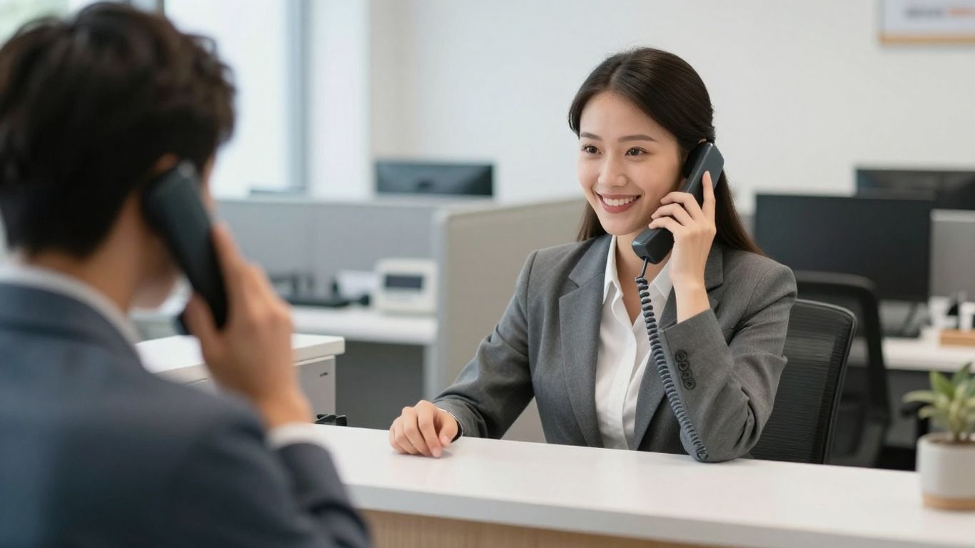 Business answering service receptionist on the phone.