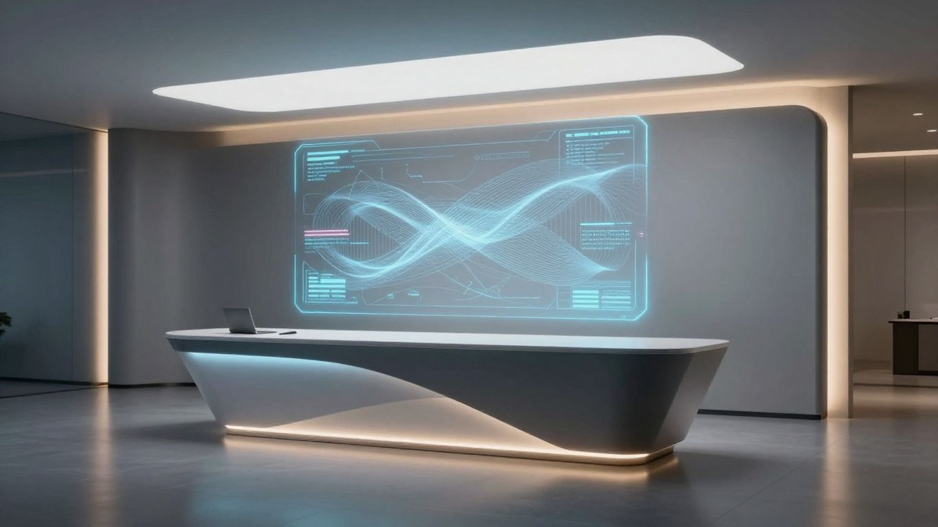 AI receptionist desk with holographic interface in office
