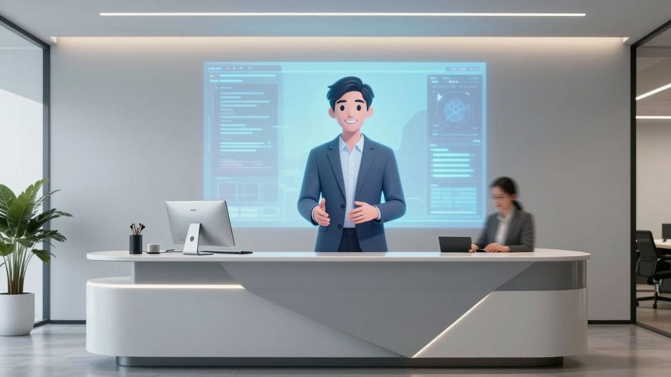 AI virtual receptionist avatar at a modern office desk.