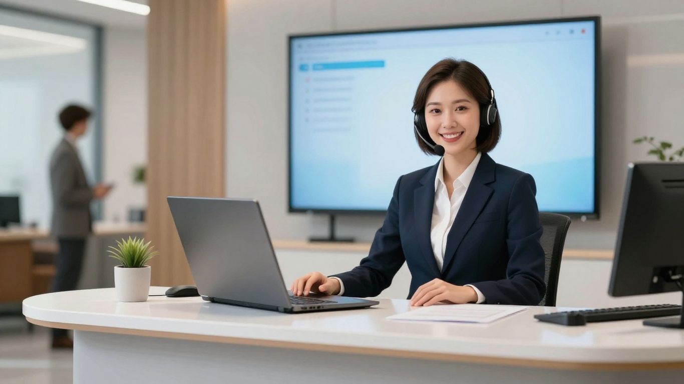 AI virtual receptionist avatar on a screen at a business reception desk.