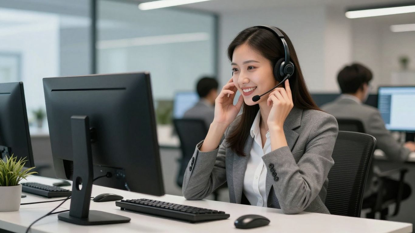 Professional answering calls with headset and computer.