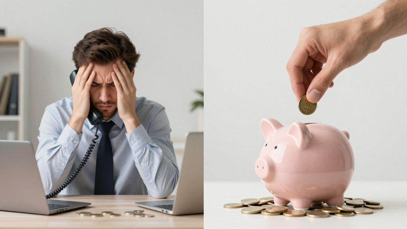 Small business owner stressed by ringing phones, losing money.