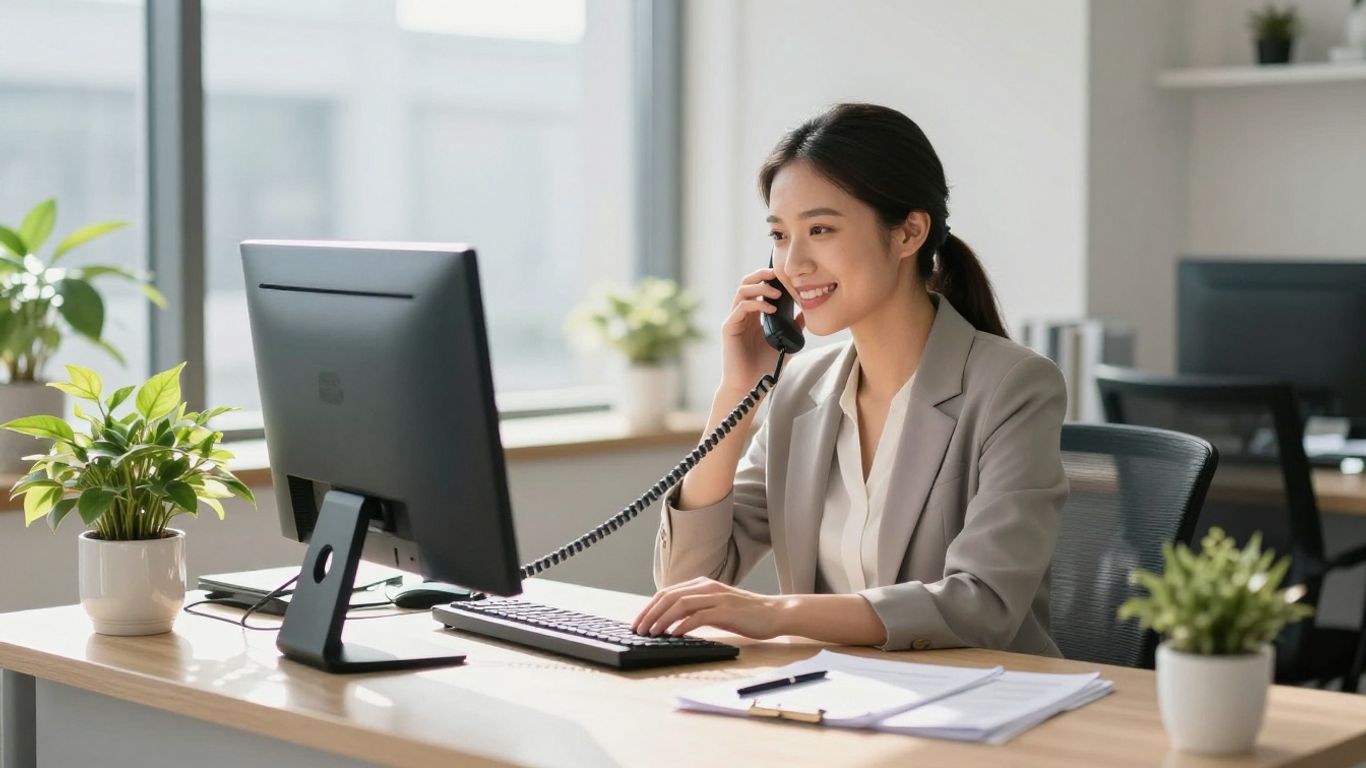 Smiling receptionist answering a phone in a bright office.