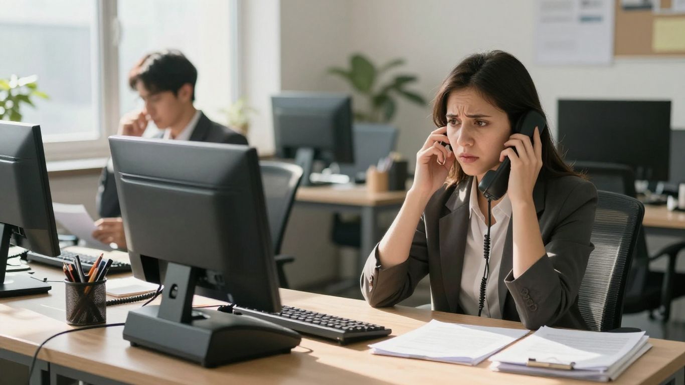 Small business owner stressed by missed calls and lost revenue.