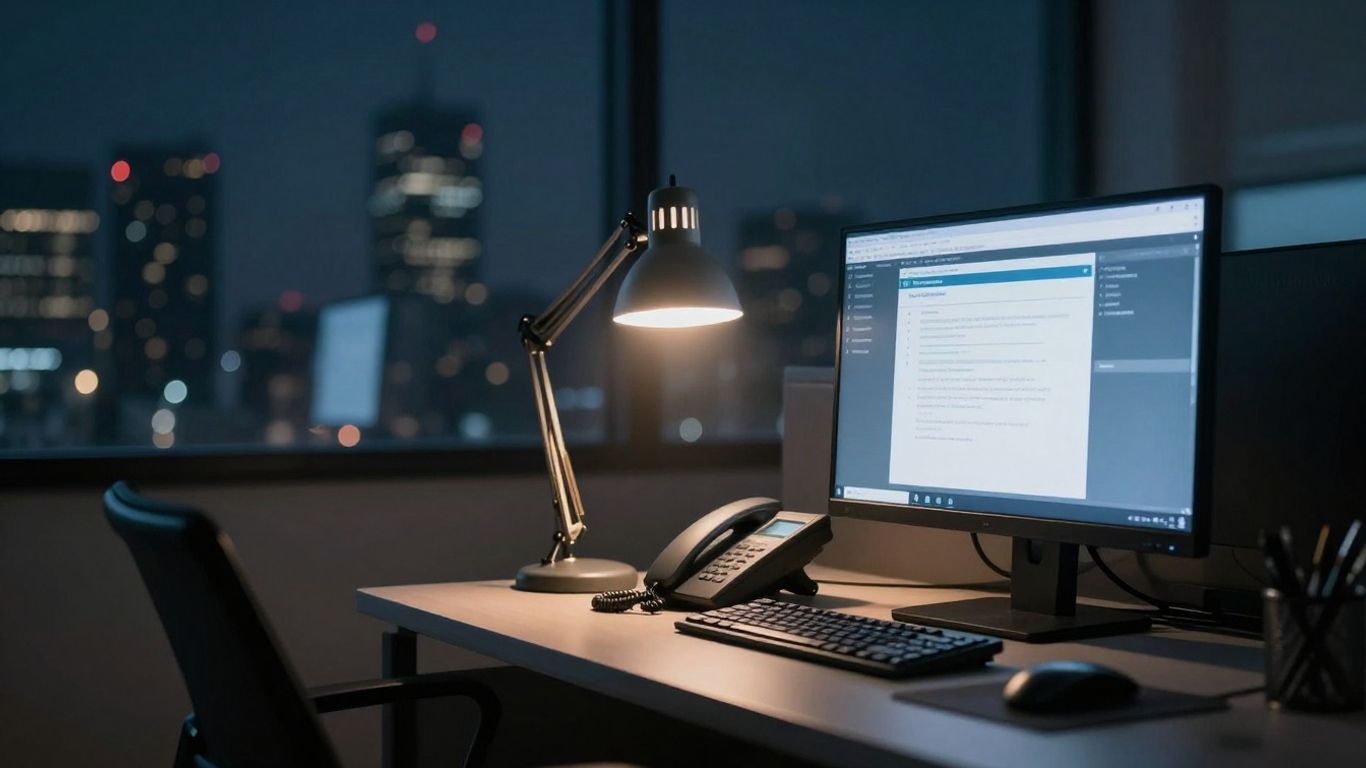 Nighttime office with illuminated desk and city view.