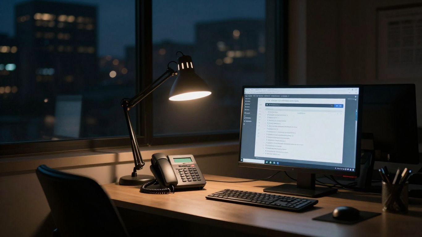 Nighttime office with phone and computer for after-hours calls.