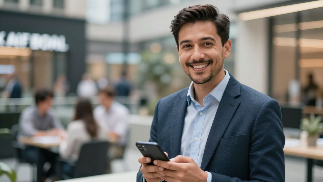 UK small business owner with phone, cityscape background.