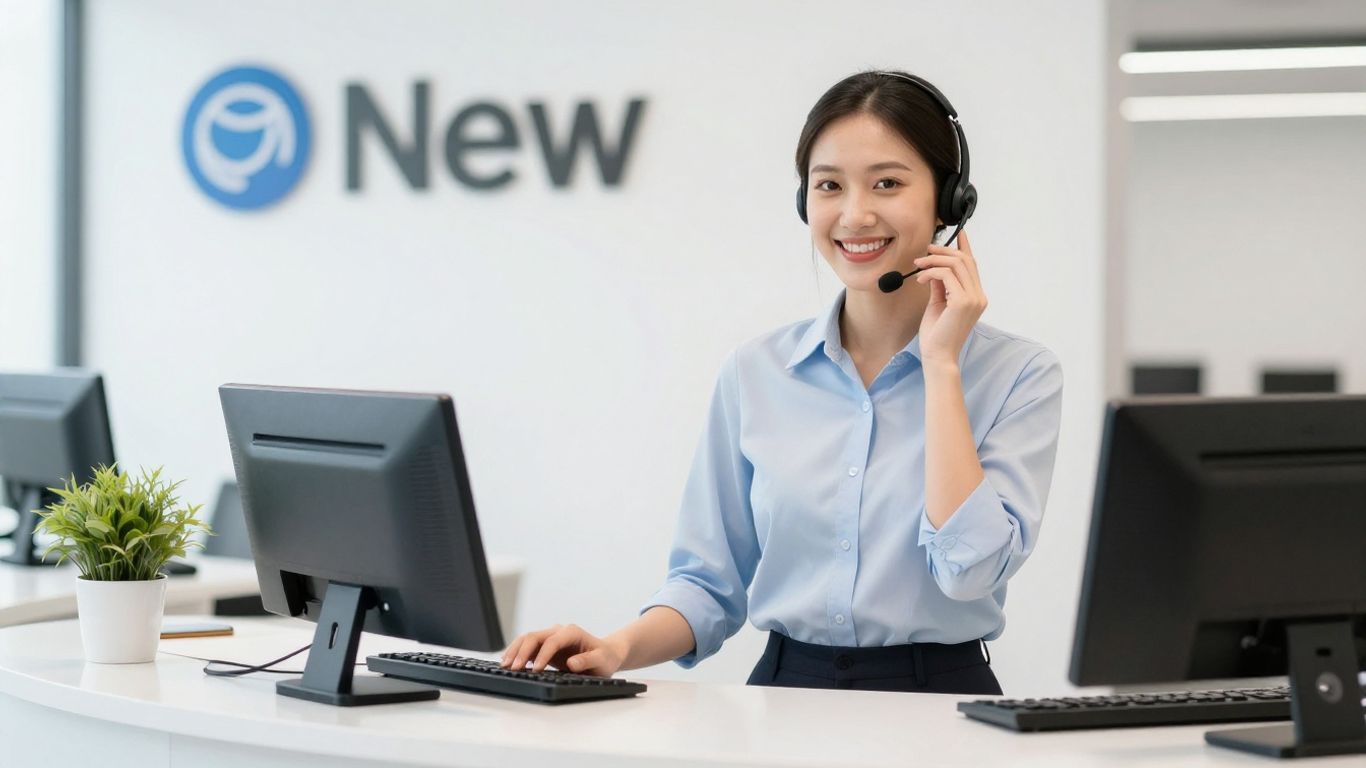 Smith.ai receptionist with headset in a modern office.