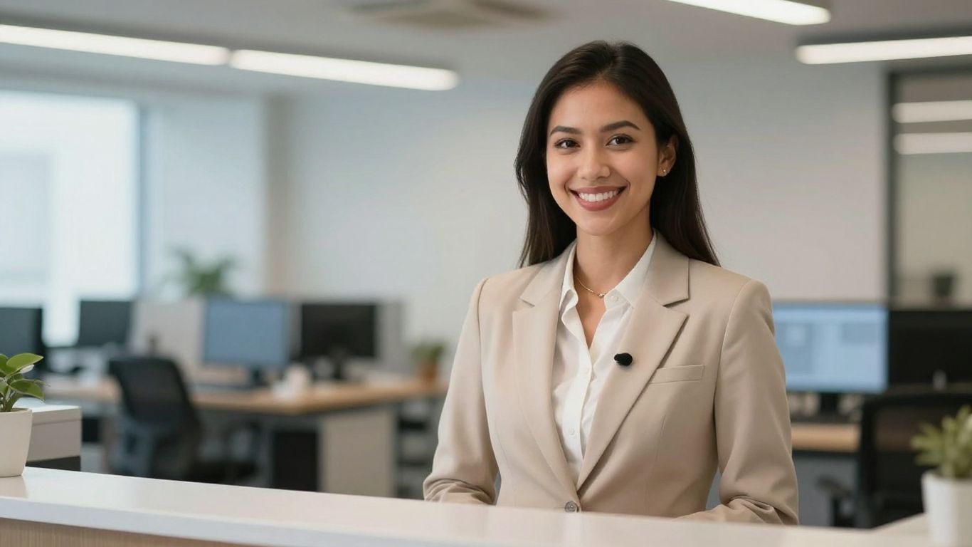 Professional receptionist in a modern office setting.