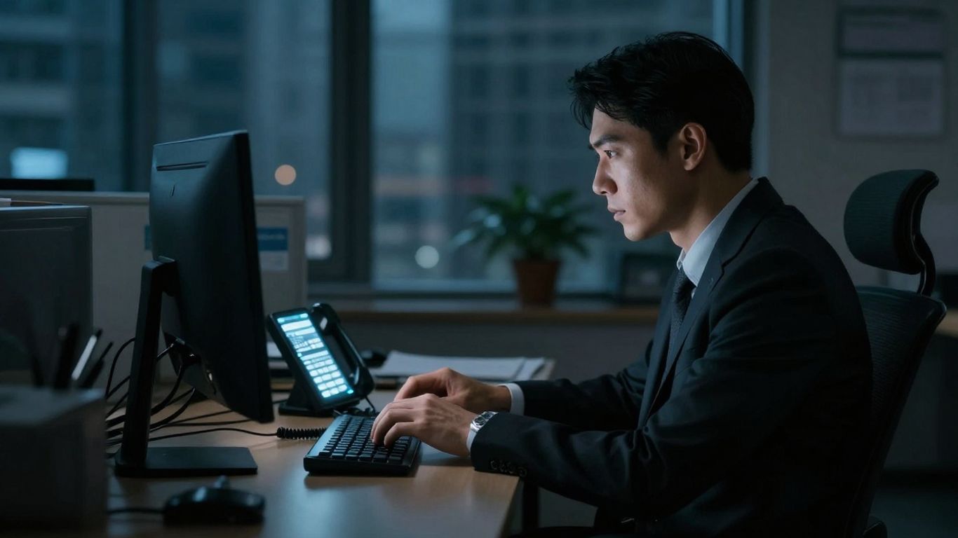 Business phone receiver glowing at night