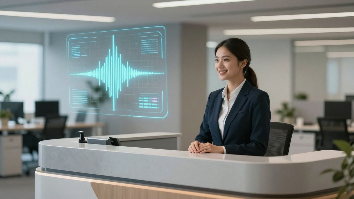 AI receptionist with digital interface and soundwaves.