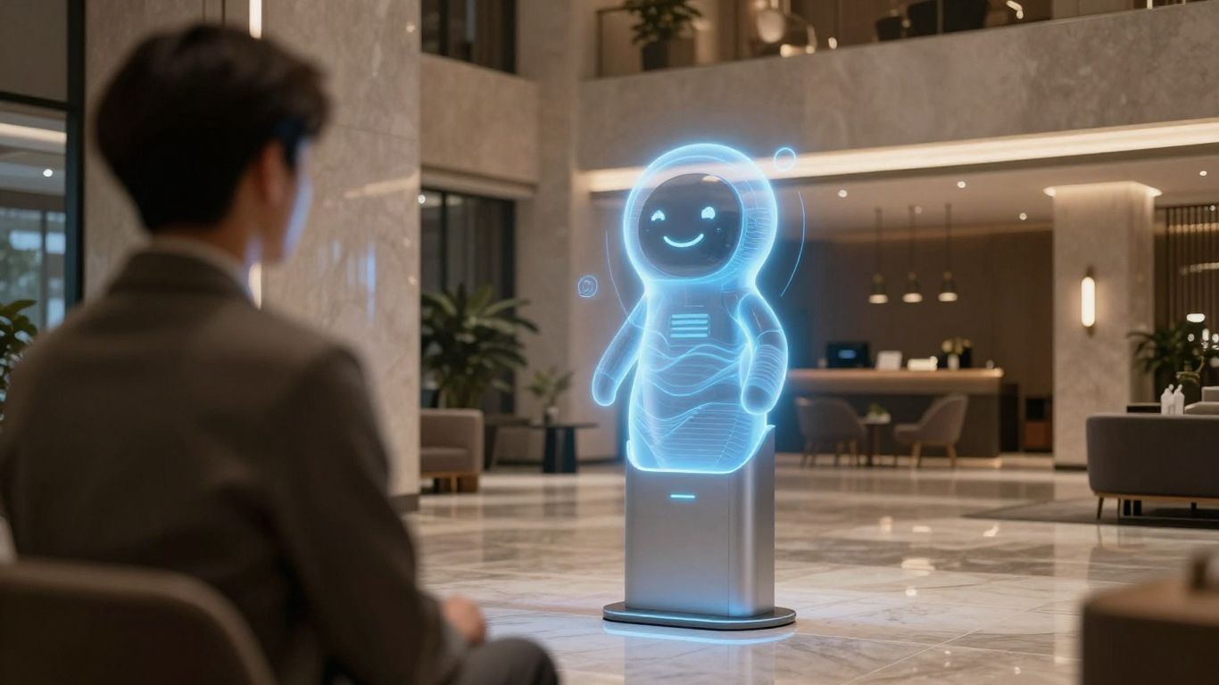 Hotel AI voice receptionist interface in a modern lobby.