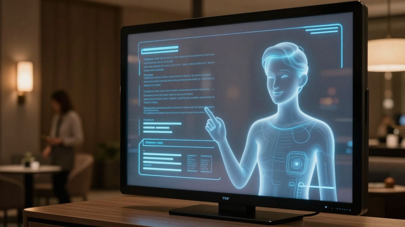Hotel AI voice receptionist interface in a modern lobby.
