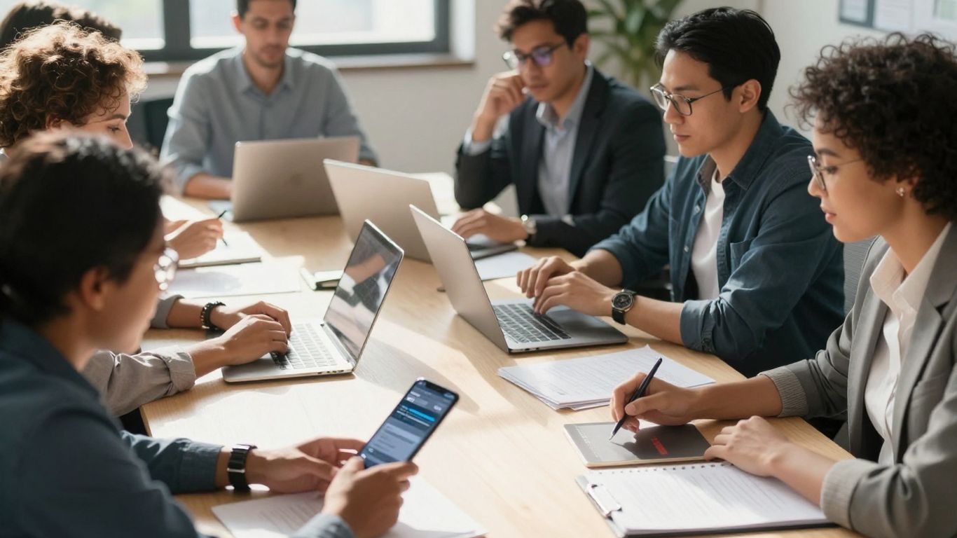Business professionals discussing live answering services on a laptop.