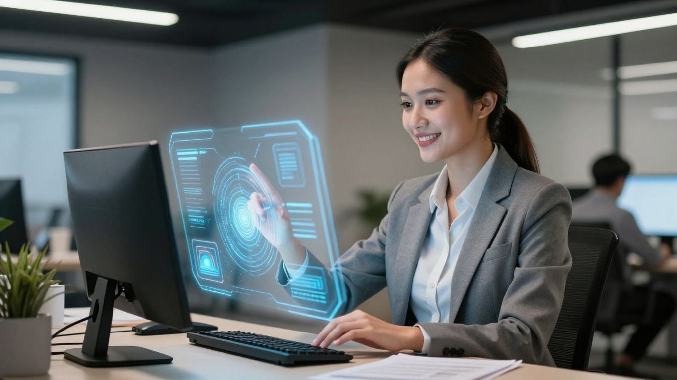 Business professional using advanced technology for live answering service.