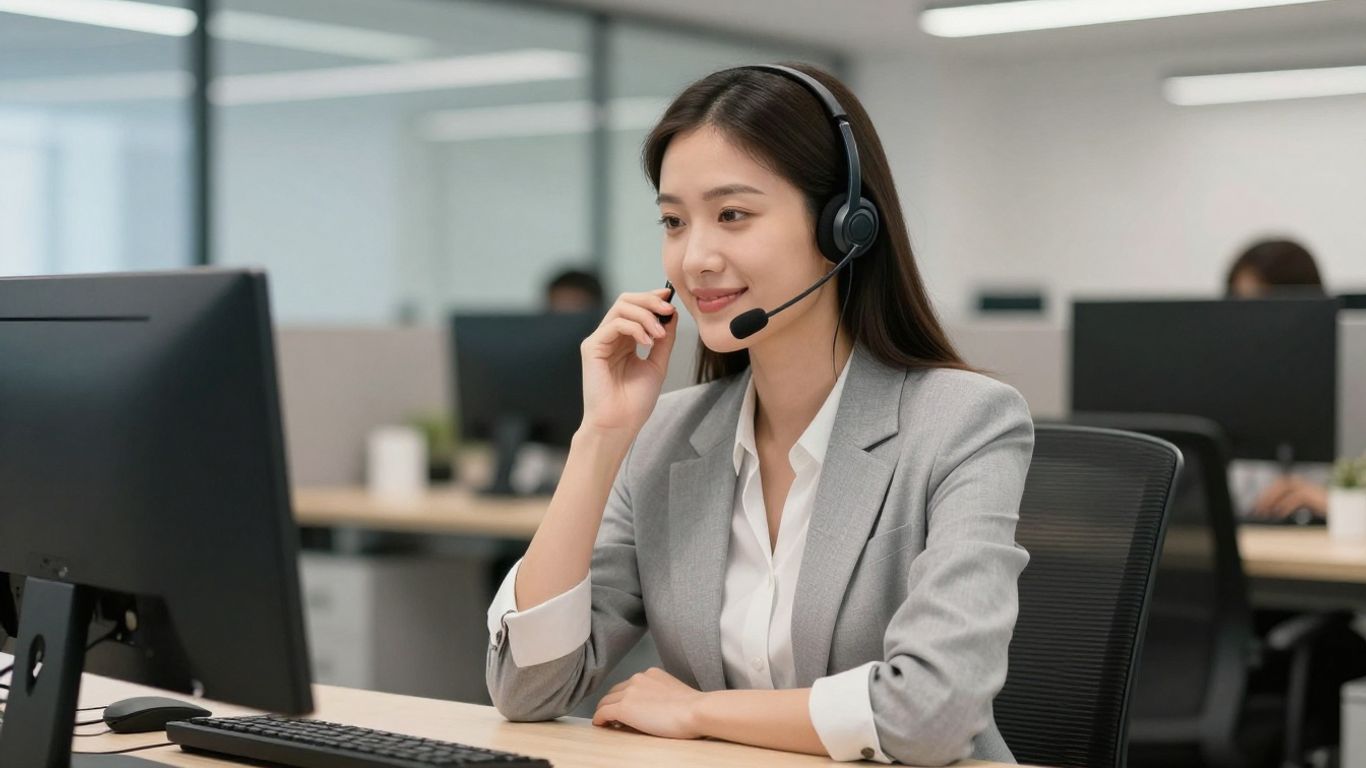 Businesswoman with headset, professional office environment.