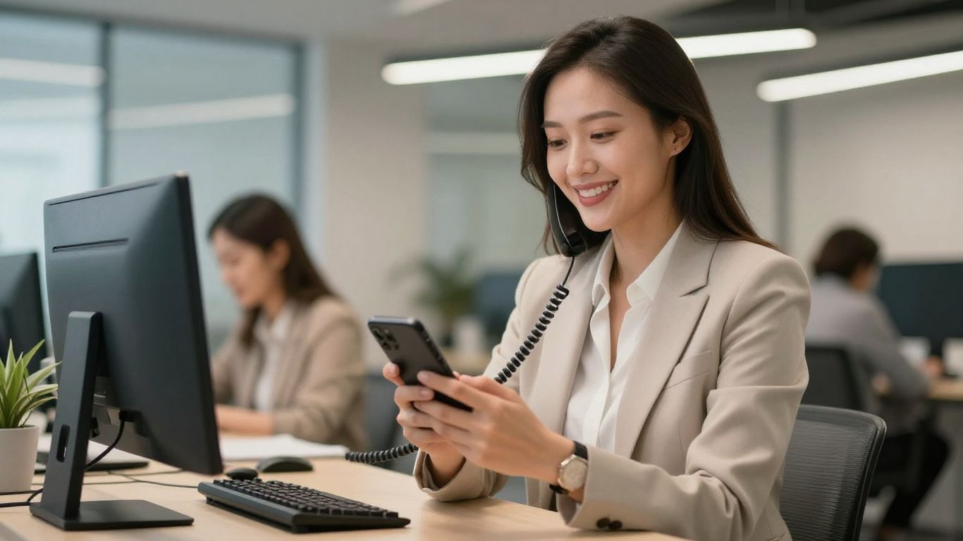 Professional woman answering phone, 24/7 service.