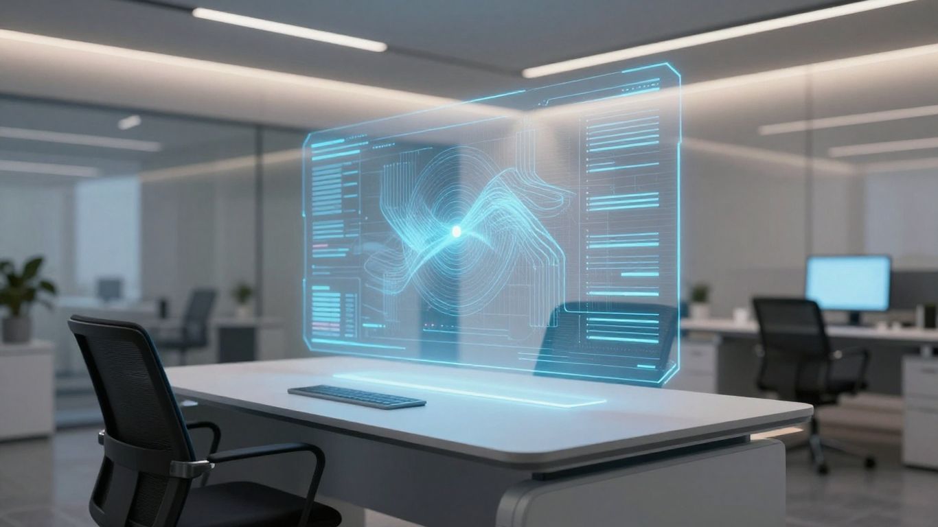 Futuristic desk with holographic interface in a modern office.