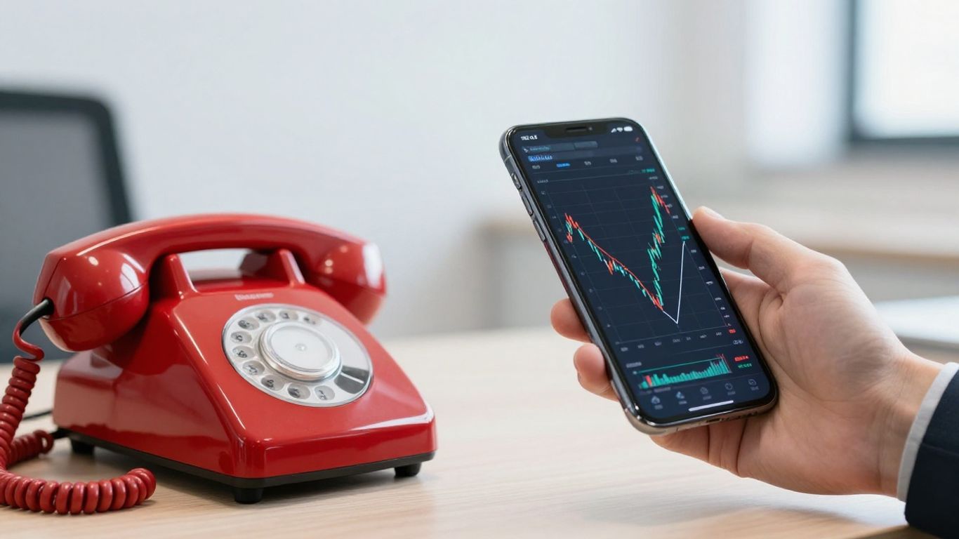 Red telephone and smartphone with financial chart.