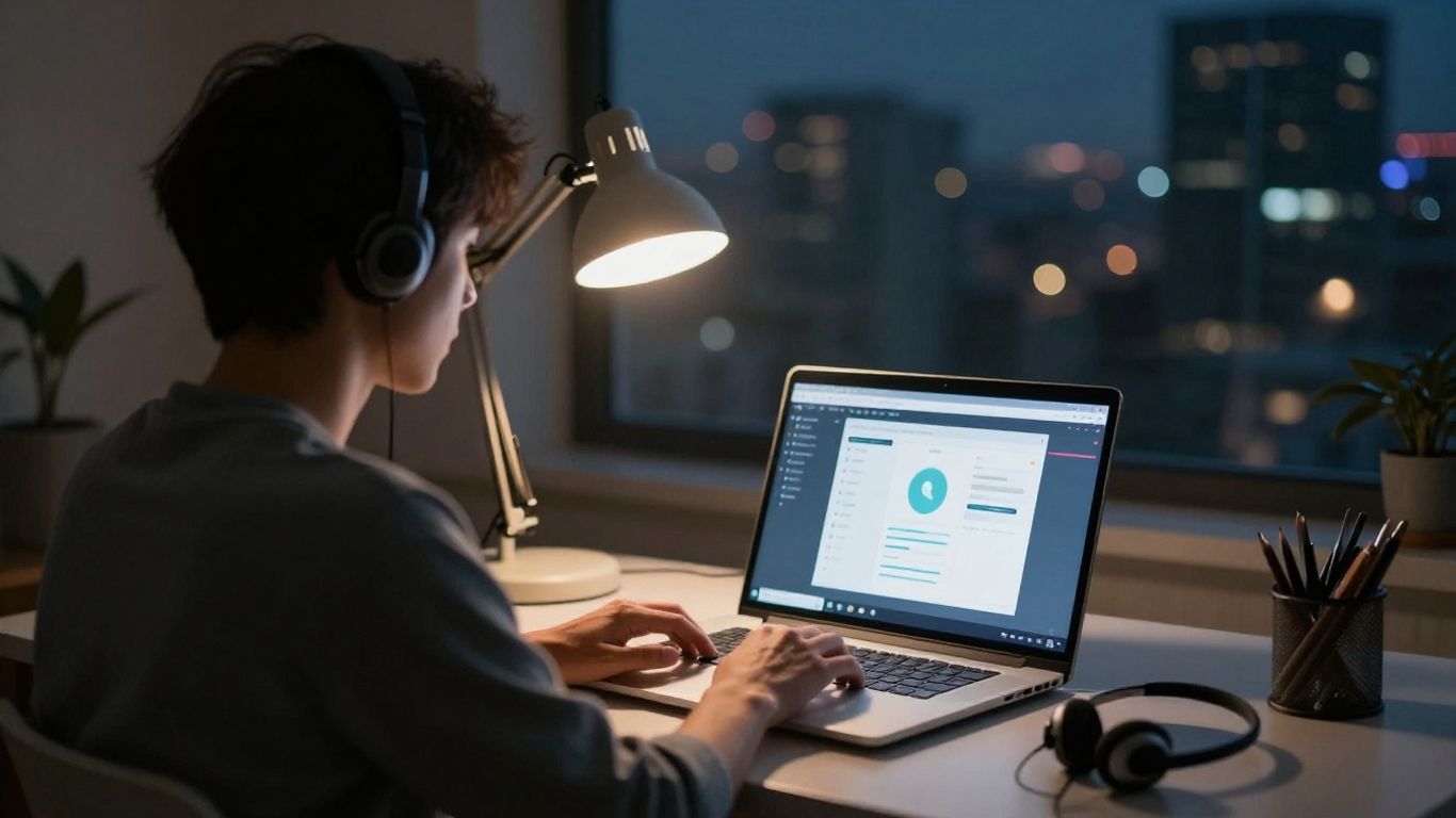 Person working from home at night with headset and laptop.