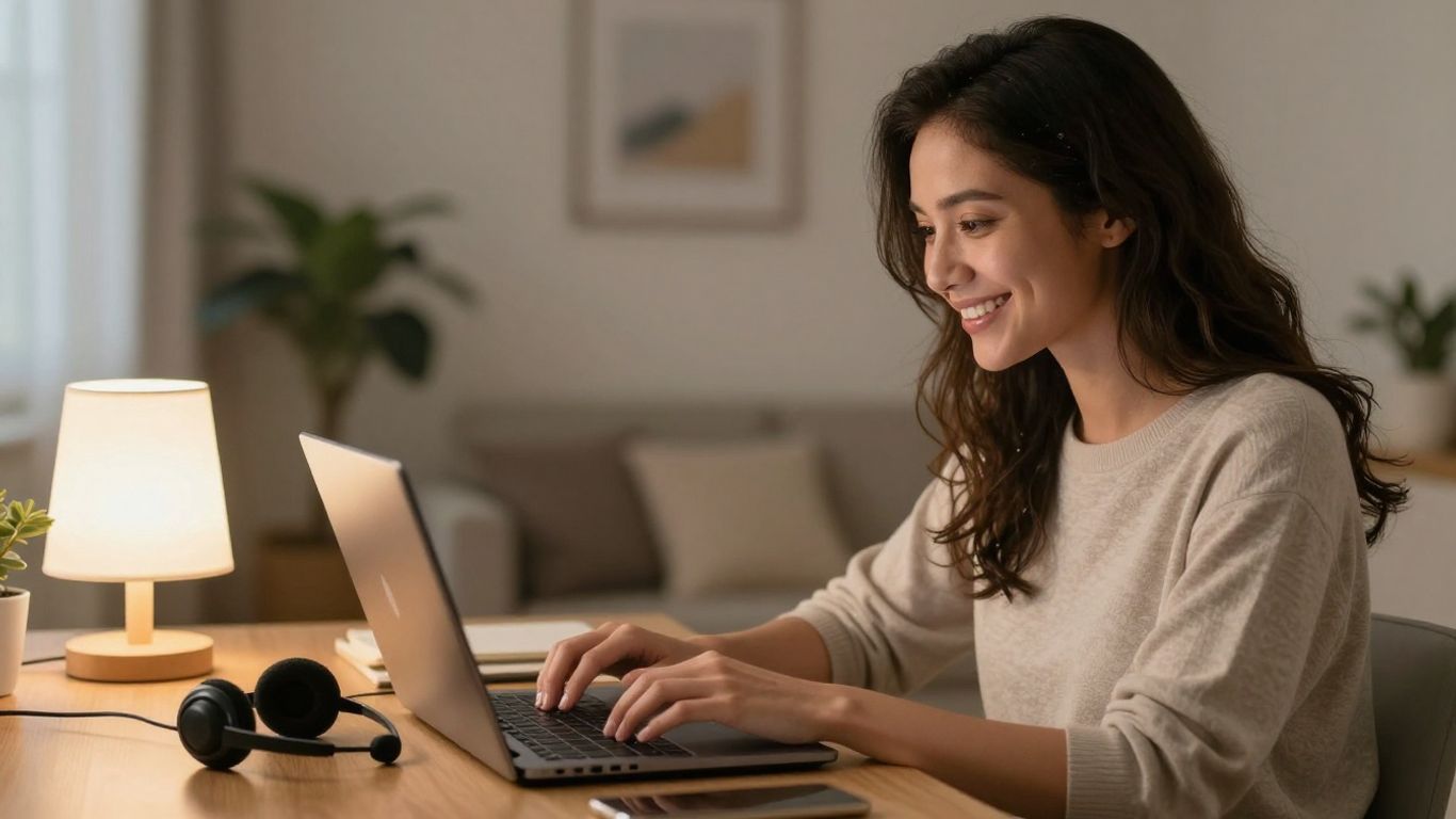 Woman working from home with headset and laptop.