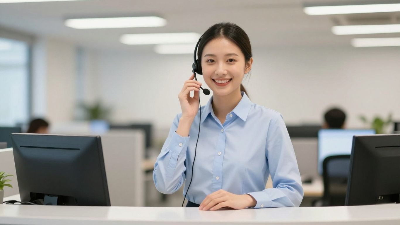 AnswerConnect receptionist with headset, professional office background.