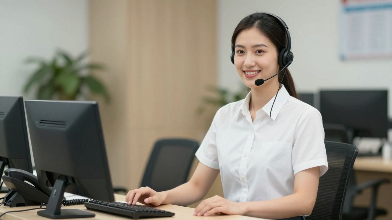 Receptionist with headset ready to answer calls.