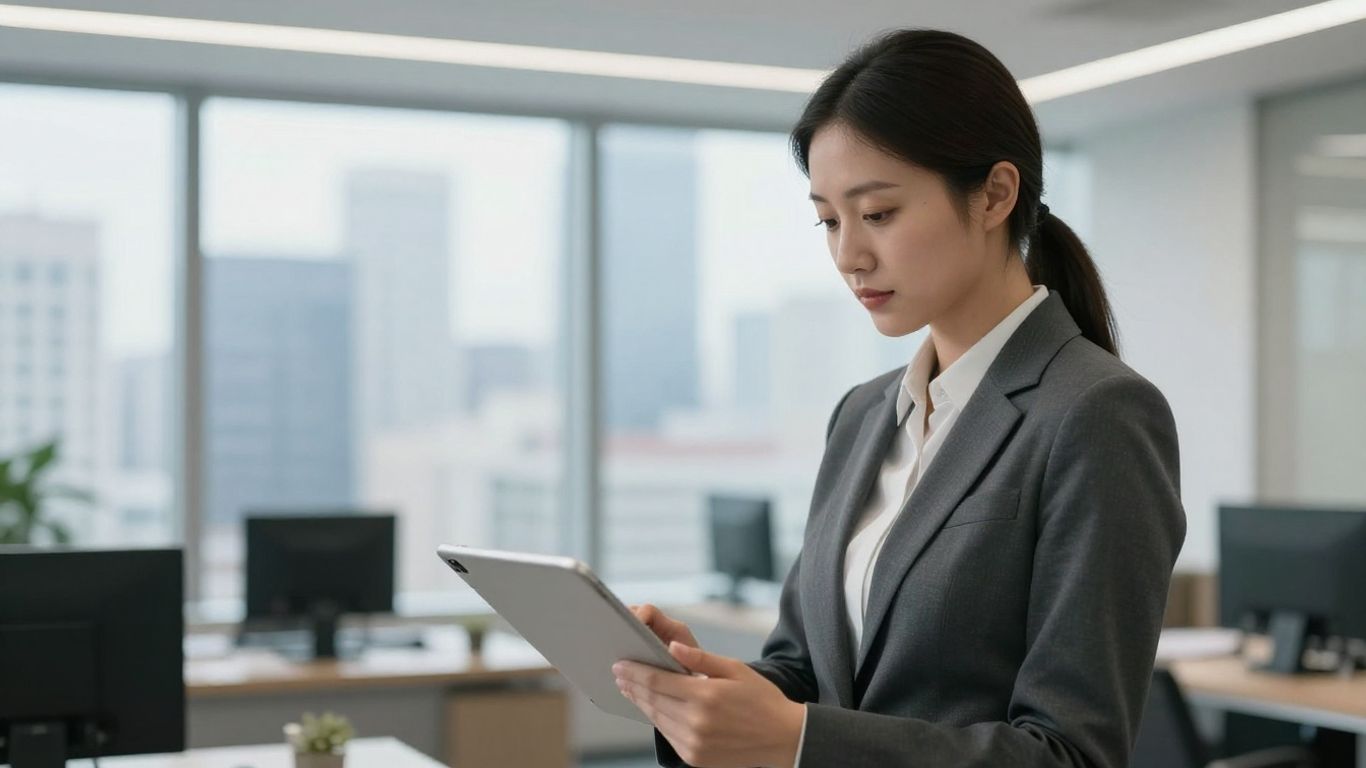 Lawyer using tablet in modern office with city view.