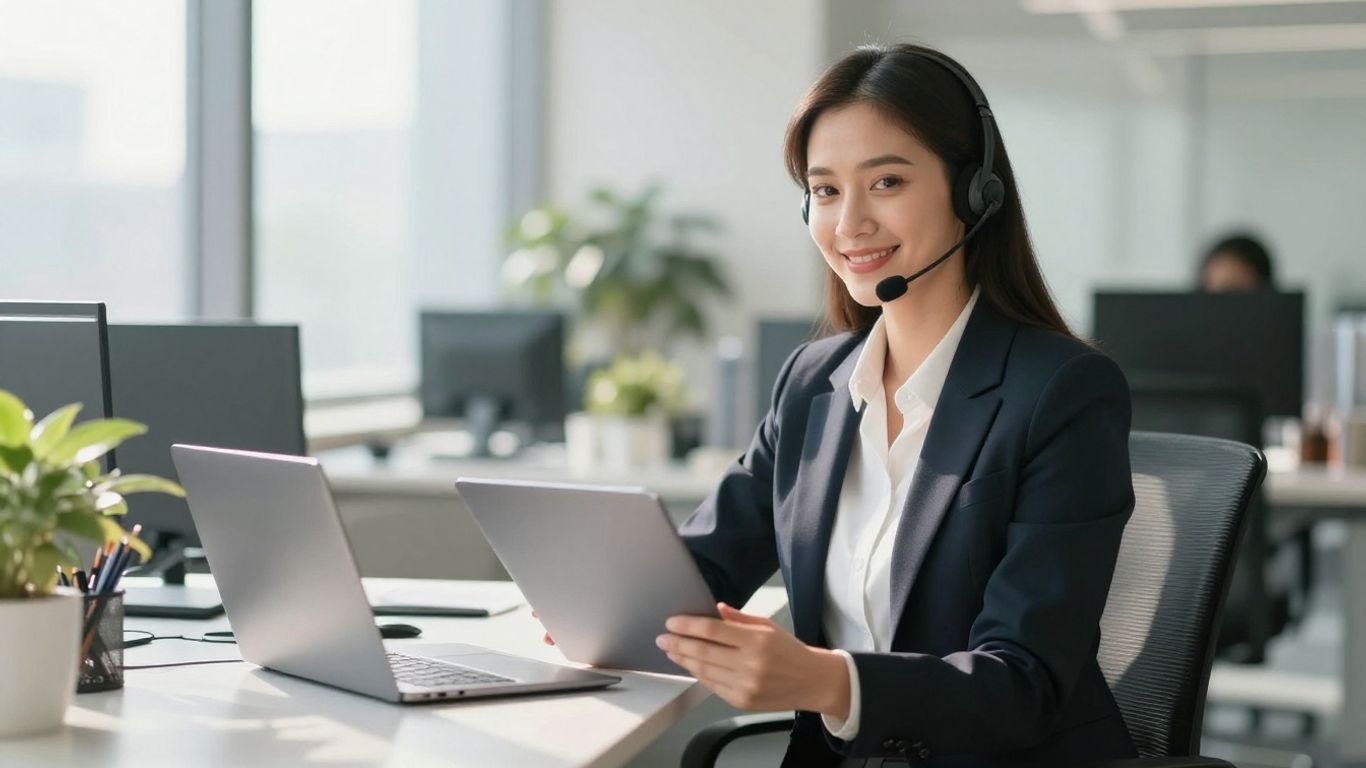 Professional woman with headset in office