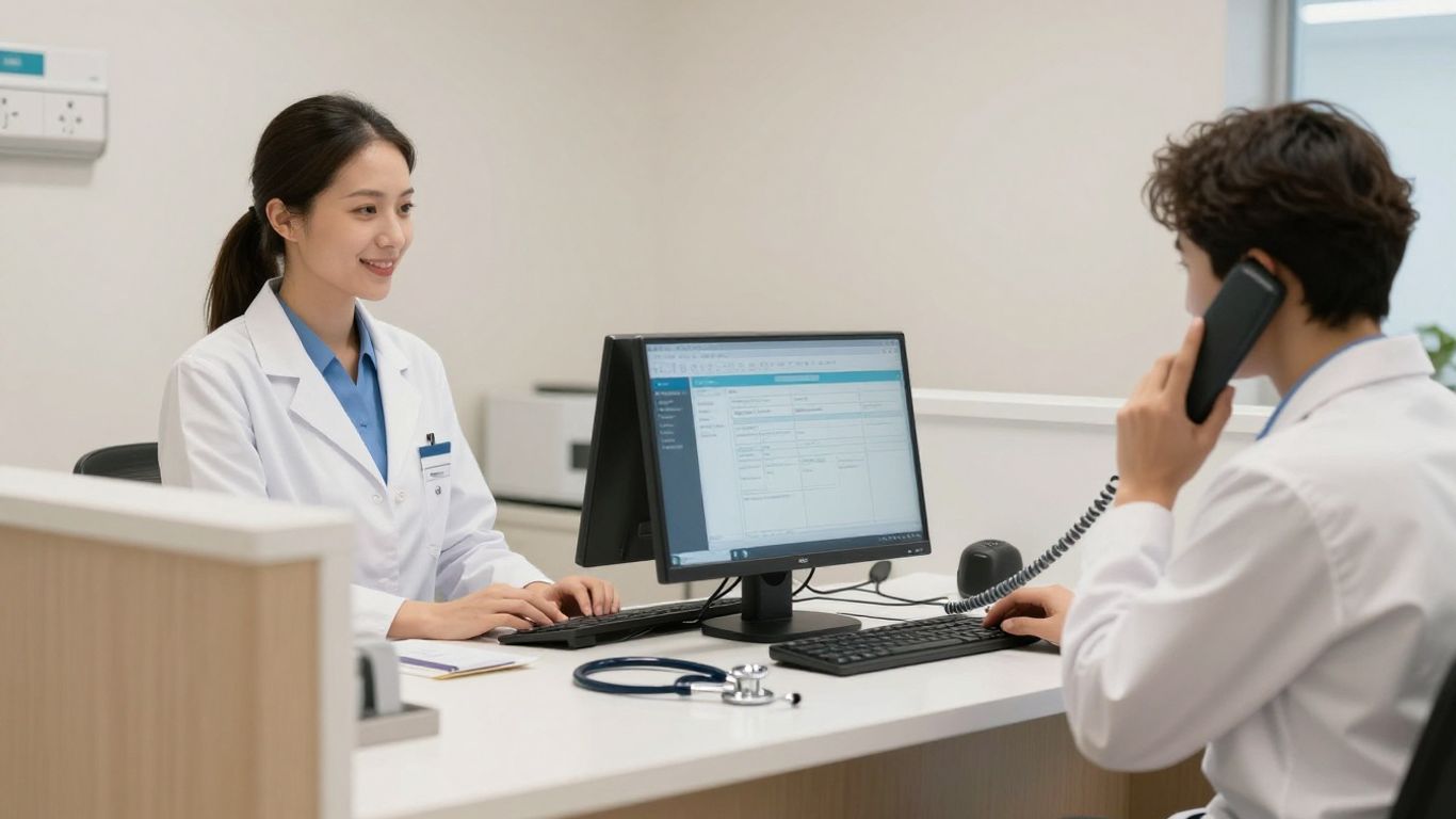 Medical office receptionist answering phone, stethoscope on desk.