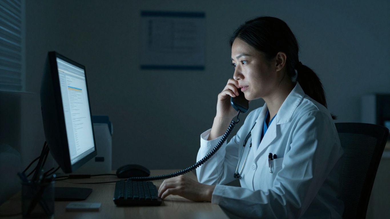 Doctor answering phone after hours in dimly lit office.