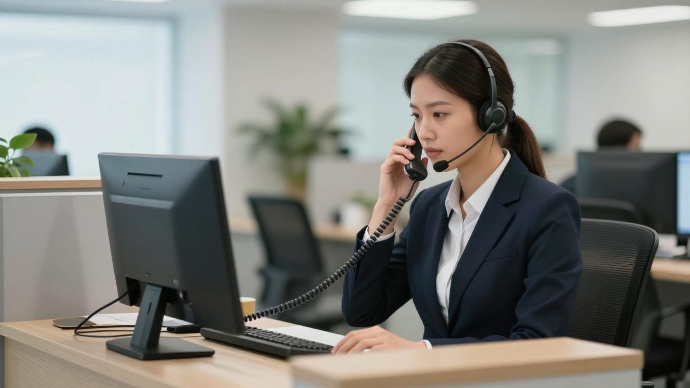 Professional receptionist using a headset in a modern office.