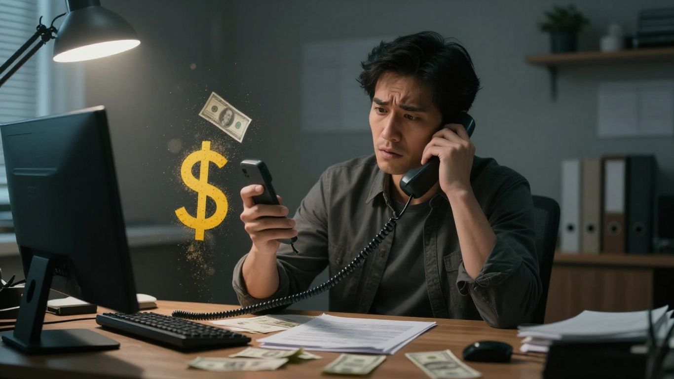 Worried business owner with a ringing phone and scattered money.