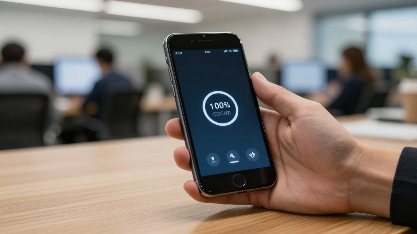 Ringing smartphone on a desk, missed call notification.