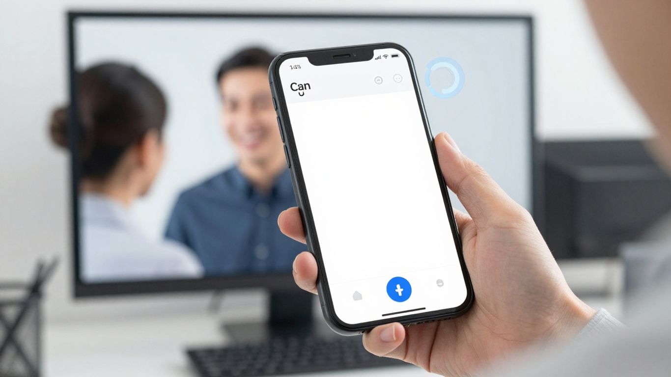 Small business owner with phone, happy receptionist on screen.