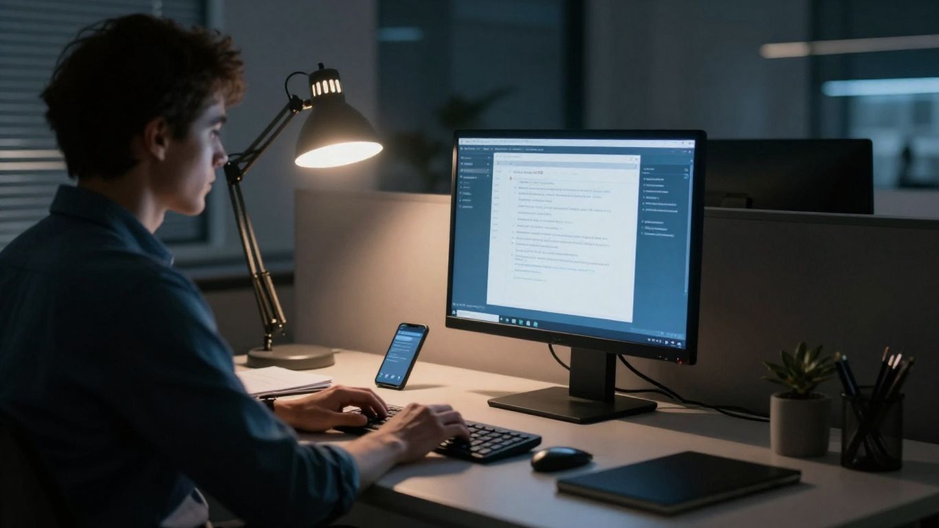 Business owner working late with a phone and computer.