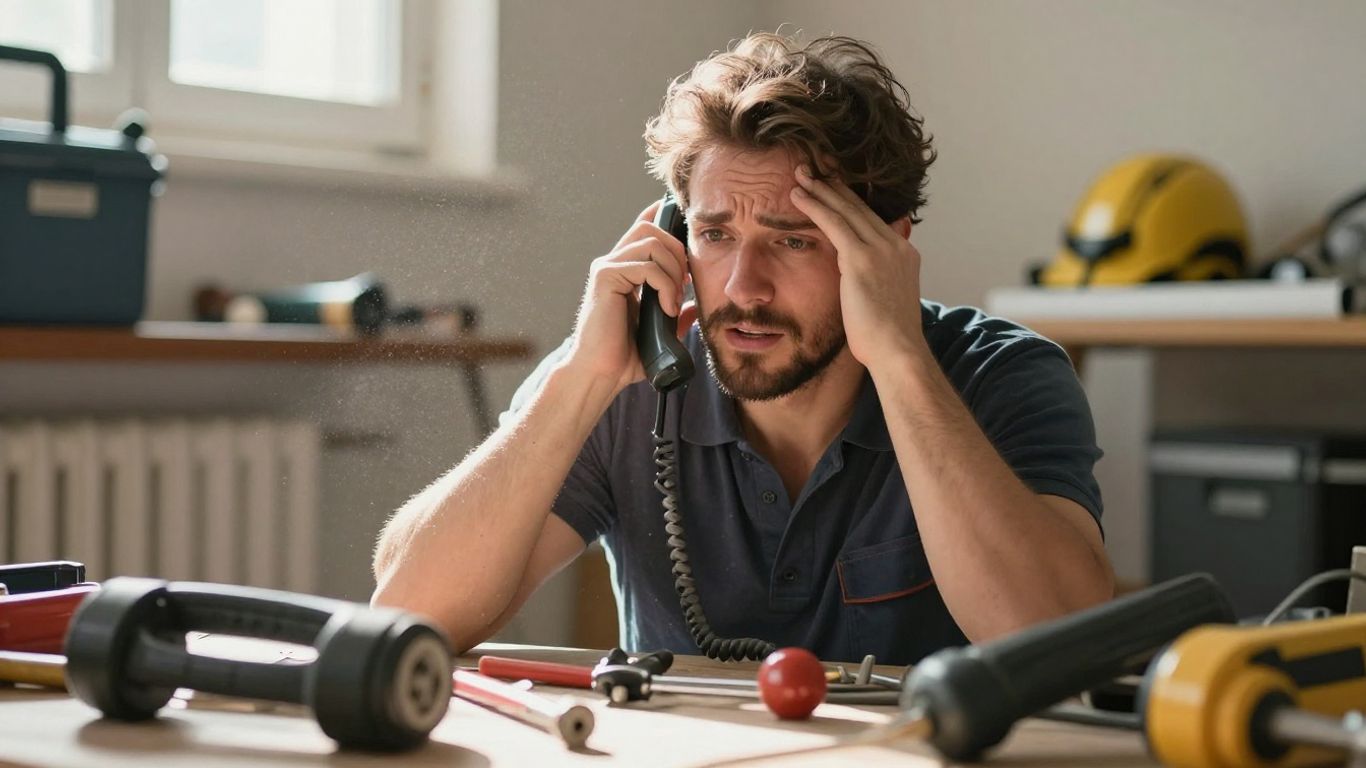 Overwhelmed home service worker with ringing phones.