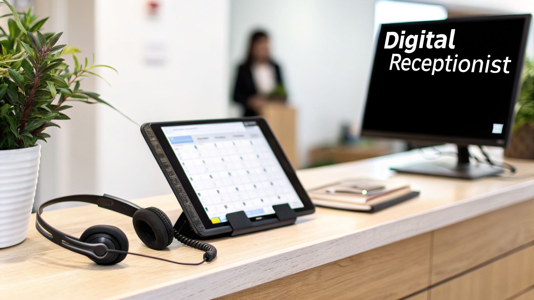 A modern reception desk features a tablet, headphones, and a monitor displaying 'Digital Receptionist.'