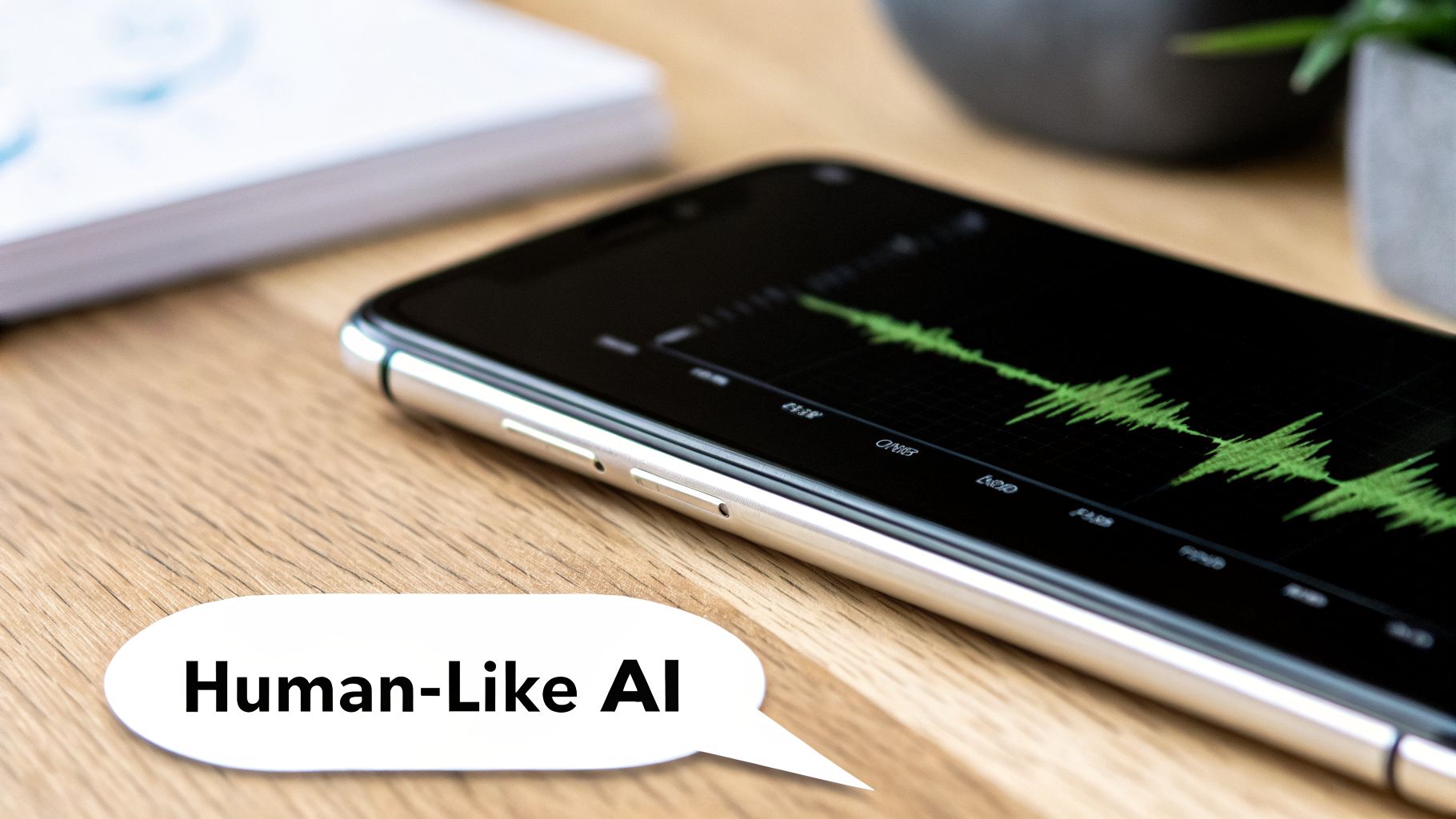 A smartphone displays a green waveform graph, with a speech bubble saying "Human-Like AI".