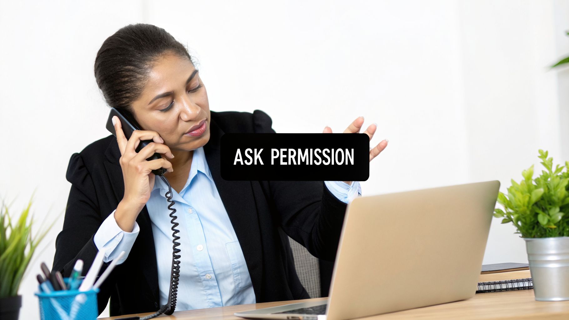 A businesswoman on the phone at her desk with a laptop, displaying a sign 'ASK PERMISSION'.