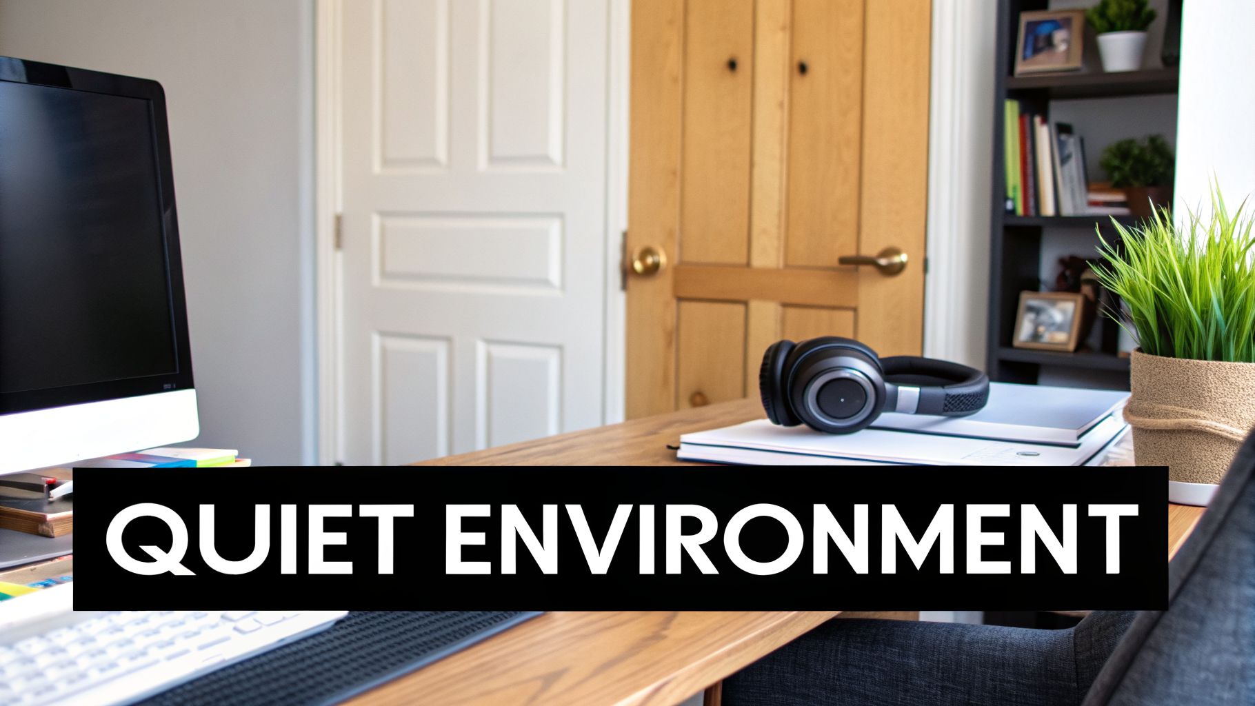 A quiet home office desk with a computer monitor, headphones, books, a plant, and two doors in the background.